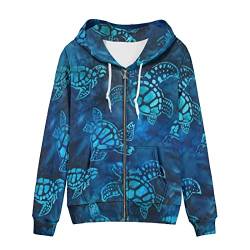 SCRAWLGOD Damen Zip Up Hoodie Oversized Sweatshirt Casual Langarm Tops Jacke mit Taschen, Blaue Meeresschildkröte, 42 von SCRAWLGOD