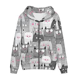 SCRAWLGOD Damen Zip Up Hoodie Oversized Sweatshirt Casual Langarm Tops Jacke mit Taschen, Graue Katzen, 42 von SCRAWLGOD