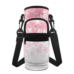 SCRAWLGOD Entzückende Tasche mit Kirschblütenmuster für Wasserflasche, Umhängetasche, Wasserflaschentasche für Camping, Polyester-Wasserflaschen-Tragetasche, Halter mit zwei Reißverschluss-Taschen von SCRAWLGOD