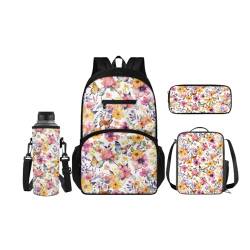 SCRAWLGOD Kinder-Rucksäcke, Lunchbox, Federmäppchen mit Wasserflaschenträger-Set, 4 Stück, Büchertasche, Tagesrucksack-Sets für Schule, Reisen, Blume Schmetterling von SCRAWLGOD