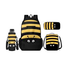 SCRAWLGOD Kinder-Rucksäcke, Lunchbox, Federmäppchen mit Wasserflaschenträger-Set, 4 Stück, Büchertasche, Tagesrucksack-Sets für Schule, Reisen, Cartoon Biene von SCRAWLGOD