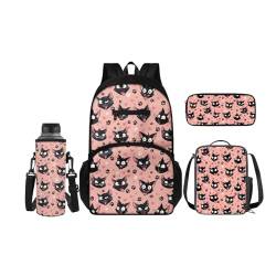 SCRAWLGOD Kinder-Rucksäcke, Lunchbox, Federmäppchen mit Wasserflaschenträger-Set, 4 Stück, Büchertasche, Tagesrucksack-Sets für Schule, Reisen, Cartoon Katze von SCRAWLGOD