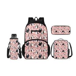 SCRAWLGOD Kinder-Rucksäcke, Lunchbox, Federmäppchen mit Wasserflaschenträger-Set, 4 Stück, Büchertasche, Tagesrucksack-Sets für Schule, Reisen, Cartoon-Pinguin von SCRAWLGOD