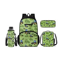 SCRAWLGOD Kinder-Rucksäcke, Lunchbox, Federmäppchen mit Wasserflaschenträger-Set, 4 Stück, Büchertasche, Tagesrucksack-Sets für Schule, Reisen, Cartoon Traktor von SCRAWLGOD