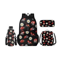 SCRAWLGOD Kinder-Rucksäcke, Lunchbox, Federmäppchen mit Wasserflaschenträger-Set, 4 Stück, Büchertasche, Tagesrucksack-Sets für Schule, Reisen, Marienkäfer Gänseblümchen von SCRAWLGOD