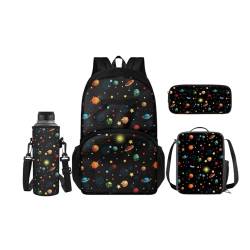 SCRAWLGOD Kinder-Rucksäcke, Lunchbox, Federmäppchen mit Wasserflaschenträger-Set, 4 Stück, Büchertasche, Tagesrucksack-Sets für Schule, Reisen, Solarsystem von SCRAWLGOD