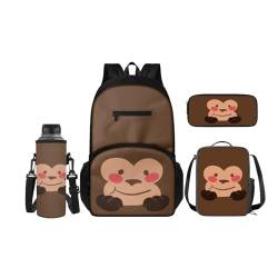 SCRAWLGOD Kinder-Rucksäcke, Lunchbox, Federmäppchen mit Wasserflaschenträger-Set, 4 Stück, Büchertasche, Tagesrucksack-Sets für Schule, Reisen, affe von SCRAWLGOD