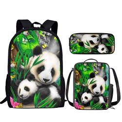 SCRAWLGOD Kinderrucksack-Set für Jungen und Herren, leicht, Schultaschen, Büchertaschen mit Lunchbox, Federmäppchen, 3-in-1, Panda, Schulranzen-Set von SCRAWLGOD