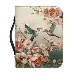 SCRAWLGOD Klassische Bibelhülle für Damen, Leder, Bibeltasche, Tragetasche, Bibeltasche mit Stiftfächern, Bibeltragetasche für Männer, Kinder, Mädchen, Damen, Blume mit Kolibri, L von SCRAWLGOD