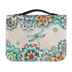 SCRAWLGOD Klassische Bibelhülle für Damen, Leder, Bibeltasche, Tragetasche, Bibeltasche mit Stiftfächern, Bibeltragetasche für Männer, Kinder, Mädchen, Damen, Mandala Libelle, L von SCRAWLGOD