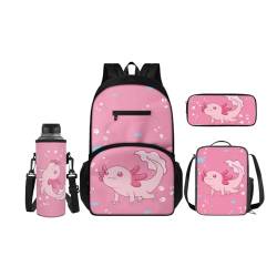 SCRAWLGOD Rucksack für Kinder mit Lunchbox, Wasserflaschenhalter, Federmäppchen, 4-in-1, Büchertaschen für Kindergarten, Grundschule, Axolotl von SCRAWLGOD