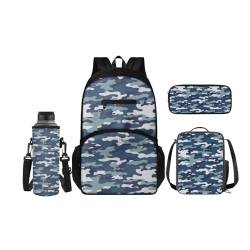 SCRAWLGOD Rucksack für Kinder mit Lunchbox, Wasserflaschenhalter, Federmäppchen, 4-in-1, Büchertaschen für Kindergarten, Grundschule, Camo Blue von SCRAWLGOD