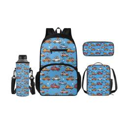 SCRAWLGOD Rucksack für Kinder mit Lunchbox, Wasserflaschenhalter, Federmäppchen, 4-in-1, Büchertaschen für Kindergarten, Grundschule, Cartoon-Auto von SCRAWLGOD