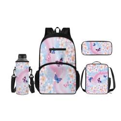 SCRAWLGOD Rucksäcke mit Lunchbox für Kinder, Schule, Federmäppchen, Wasserflaschenhalter, 4-in-1 Büchertasche, Tagesrucksack für Mädchen und Jungen, Blumen-Schmetterling von SCRAWLGOD