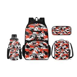 SCRAWLGOD Rucksäcke mit Lunchbox für Kinder, Schule, Federmäppchen, Wasserflaschenhalter, 4-in-1 Büchertasche, Tagesrucksack für Mädchen und Jungen, Camouflage-Orange von SCRAWLGOD