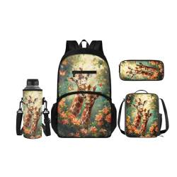 SCRAWLGOD Rucksäcke mit Lunchbox für Kinder, Schule, Federmäppchen, Wasserflaschenhalter, 4-in-1 Büchertasche, Tagesrucksack für Mädchen und Jungen, Cartoon-Giraffe von SCRAWLGOD