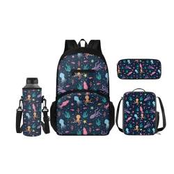 SCRAWLGOD Rucksäcke mit Lunchbox für Kinder, Schule, Federmäppchen, Wasserflaschenhalter, 4-in-1 Büchertasche, Tagesrucksack für Mädchen und Jungen, Cartoon-Oktopus von SCRAWLGOD