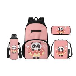 SCRAWLGOD Rucksäcke mit Lunchbox für Kinder, Schule, Federmäppchen, Wasserflaschenhalter, 4-in-1 Büchertasche, Tagesrucksack für Mädchen und Jungen, Donut-Panda von SCRAWLGOD