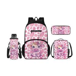 SCRAWLGOD Rucksäcke mit Lunchbox für Kinder, Schule, Federmäppchen, Wasserflaschenhalter, 4-in-1 Büchertasche, Tagesrucksack für Mädchen und Jungen, Rosa Kuh von SCRAWLGOD