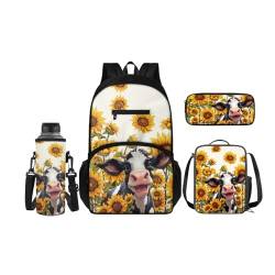 SCRAWLGOD Rucksäcke mit Lunchbox für Kinder, Schule, Federmäppchen, Wasserflaschenhalter, 4-in-1 Büchertasche, Tagesrucksack für Mädchen und Jungen, Sonnenblumenkuh von SCRAWLGOD