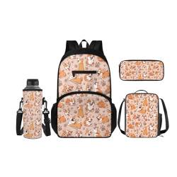 SCRAWLGOD Rucksäcke mit Lunchbox für Kinder, Schule, Federmäppchen, Wasserflaschenhalter, 4-in-1 Büchertasche, Tagesrucksack für Mädchen und Jungen, Süße Corgi von SCRAWLGOD