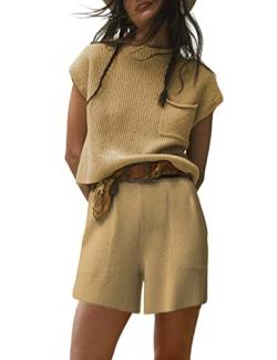 SCUSTY Sommer Zweiteilige Pullover Sets für Frauen Trendy Lounge Sets Strick Häkeln Pullover Top Hohe Taille Kurze Hosen Outfits, Khaki, L von SCUSTY