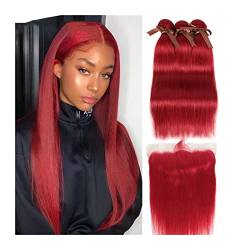Extensions Echthaar 10-26 Zoll gerade rote Bündel mit Spitze Frontal Brasilianer Gerade Remy Human Hair Extensions 3 Bündeln Rote Bündel mit Frontal Haarverlängerungen (Size : 10a, Color : 12 12 12+ von SDA287MZ