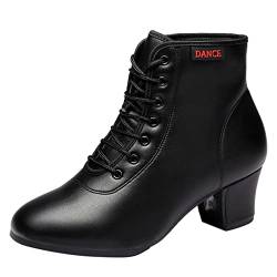 SDEQA Damenmode-Tanzstiefel Mit Mittlerem Absatz Leder Latin Modern Dance Schuhe Zum Schnüren Für Drinnen Und Draußen,Black a,38 EU von SDEQA