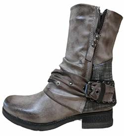 Damen Stiefeletten Biker Boots Stiefel mit Nieten Frauen Schuhe Blockabsatz Herbst Winter Bequeme Schuhe Schnallen - ST04 - Khaki - Größe 37 von SDS