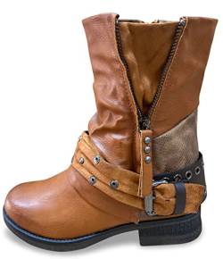 Damen Stiefeletten Biker Boots - Stiefel mit Nieten Schuhe Blockabsatz - Bequeme Herbst Winter Frauen Schuhe Schnallen – ST04 (Camel 37) von SDS
