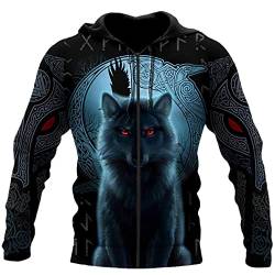 SDSVFG Viking Wolf und Mond 3D Gedruckter Hoodie, Unisex Sweatshirt Streetwear Zip Pullover Freizeitjacke Trainingsanzug von SDSVFG