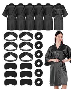 SEALINF 24 Stück Hochzeit Party Roben Set, Kimono Satin Roben Roben Roben mit Schlafmaske und elastischem Stirnband Haarring, Schwarz, Small-Medium von SEALINF