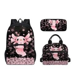 SEANATIVE 3-in-1-Schultasche für Kinder, Rucksack, Grundschule, Kindergarten, Schule, Büchertasche mit Lunch-Taschen, Set für Teenager, Studenten, Rosa Axolotl von SEANATIVE