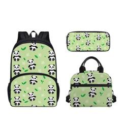 SEANATIVE 3-teiliger robuster Schul-Büchertasche für Kinder, großer Schulterrucksack mit Lunchbox, Federmäppchen, Teenager, Tagesrucksack, Cartoon-Panda, grüne Blätter von SEANATIVE