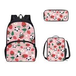 SEANATIVE 43,2 cm Schulrucksack mit Lunchbox und Federmäppchen Set für Kinder Mittelschule Viele Taschen, Panda Erdbeere von SEANATIVE