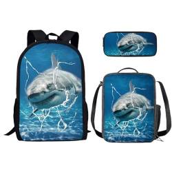 SEANATIVE Kinder-Rucksack, große Schultasche mit isolierter Lunchbox, Federmäppchen, Kinder-Büchertaschen-Set für Mädchen, Schulranzen, Cooler Hai von SEANATIVE