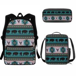 SEANATIVE Kinder-Rucksack für Mädchen und Jungen, 3-in-1, Schul-Büchertasche, strapazierfähige Schulter-Reisetasche mit Lunchbox, Federmäppchen, Aztekische Kuh von SEANATIVE