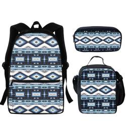 SEANATIVE Kinder-Rucksack für Mädchen und Jungen, 3-in-1, Schul-Büchertasche, strapazierfähige Schulter-Reisetasche mit Lunchbox, Federmäppchen, Blaues Aztekenmuster von SEANATIVE