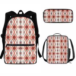 SEANATIVE Kinder-Rucksack für Mädchen und Jungen, 3-in-1, Schul-Büchertasche, strapazierfähige Schulter-Reisetasche mit Lunchbox, Federmäppchen, Geometrisches Muster, Retro von SEANATIVE