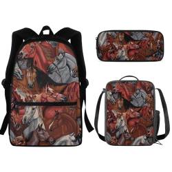 SEANATIVE Kinder-Rucksack für Mädchen und Jungen, 3-in-1, Schul-Büchertasche, strapazierfähige Schulter-Reisetasche mit Lunchbox, Federmäppchen, pferd von SEANATIVE