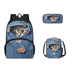 SEANATIVE Kinderrucksack für die Schule, Sachool-Rucksack mit Lunchbox und Federmäppchen, 3-teilig, 43,2 cm, Schultasche, katze von SEANATIVE