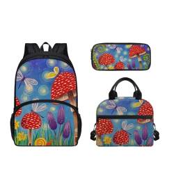 SEANATIVE Leichtes Schulrucksack-Set für Teenager, Mädchen, Jungen, 3-in-1, Schultasche mit Lunchbox, Kinder-Rucksäcke, Niedliche Pilz-Libellen von SEANATIVE