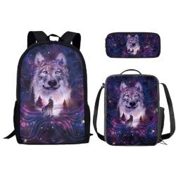 SEANATIVE Niedliches Schulrucksack-Set für Kinder, Kindergarten, Grundschule, Schüler, Schultasche mit Lunchbox, Federmäppchen, Mandala-Wolf von SEANATIVE