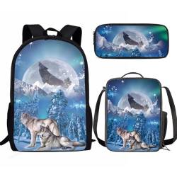 SEANATIVE Schüler-Rucksack für Kinder, Schultaschen-Set mit Thermo-Lunchbox, Federmäppchen, 3-teilig, Teenager, Mädchen, Schulranzen, Wolfstier von SEANATIVE