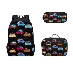 SEANATIVE Schul-Büchertasche für Mädchen, Jungen, großer Rucksack mit Lunchbox, Federmäppchen, 3 Stück, Auto von SEANATIVE