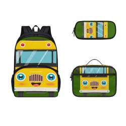 SEANATIVE Schul-Büchertasche für Mädchen, Jungen, großer Rucksack mit Lunchbox, Federmäppchen, 3 Stück, Gelbes Auto von SEANATIVE