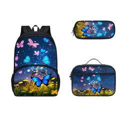 SEANATIVE Schul-Büchertasche für Mädchen, Jungen, großer Rucksack mit Lunchbox, Federmäppchen, 3 Stück, Glitzernd, Schmetterling von SEANATIVE