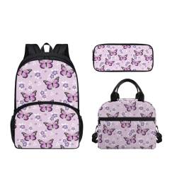 SEANATIVE Schulranzen-Set für Teenager, Mädchen, Jungen, leichter Rucksack, niedliche Büchertasche mit Lunchbox für Kinder, Schulanfang, schmetterlings- / blumendesign von SEANATIVE