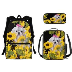 SEANATIVE Schultaschen-Set für Mädchen, lässig, groß, Tagesrucksack für Kinder, 3-teilig, Schultasche mit Lunchbox, Federmäppchen, Hunde-Sonnenblume von SEANATIVE