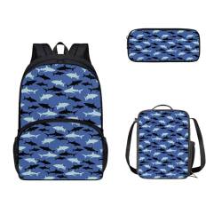 SEANATIVE Schultaschen für Kinder, Teenager, Rucksack mit Lunchbox und Federmäppchen, 3-teilig, Blauer Hai von SEANATIVE